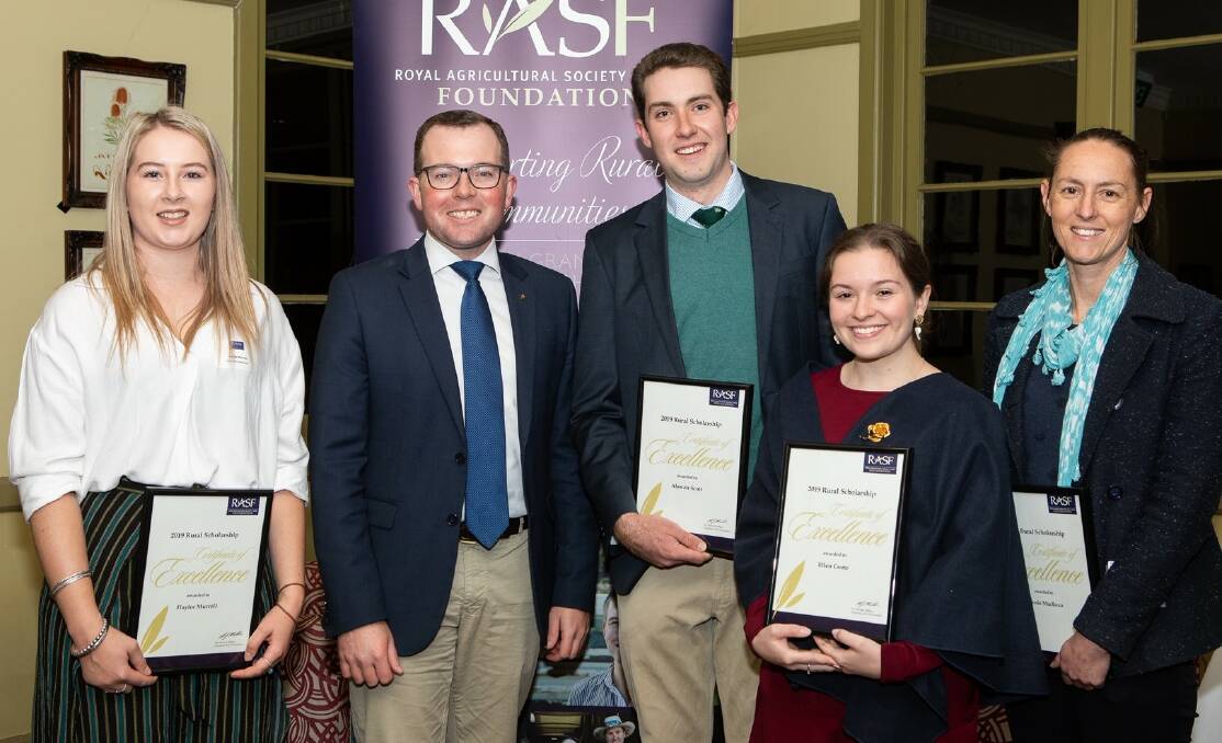 2019 Royal Agricultural Society Foundation Scholarship recipients Haylee Murrell (Gunnedah), left, Alistair Scott (Armidale), Ellen Coote (Moree) and Cassie McBean (Invergowrie) with Northern Tablelands MP Adam Marshall last night.
