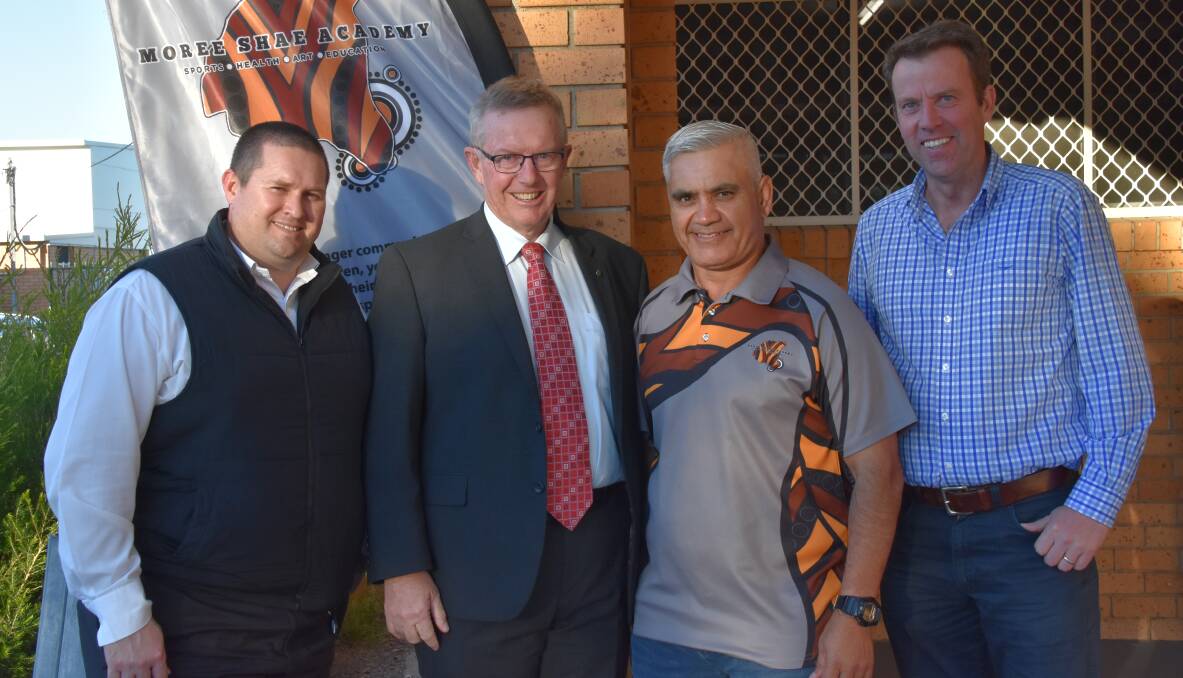 SHAE Academy co-founder Mitchell Johnson, Member for Parkes Mark Coulton, SHAE Academy CEO Chris Binge, and Minister for Education Dan Tehan.