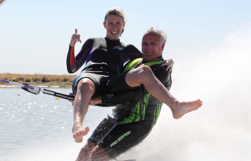 Queensland barefooters Kelly Blank and former senior world champion Cam Smith at a visit to the Moree Water Ski Park in 2017. 