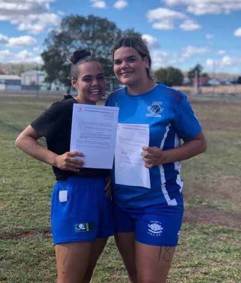 Minya Paton Knox and Kasinda Porter were selected in the under-16s league tag team. Photo: Moree Junior Rugby League Club.