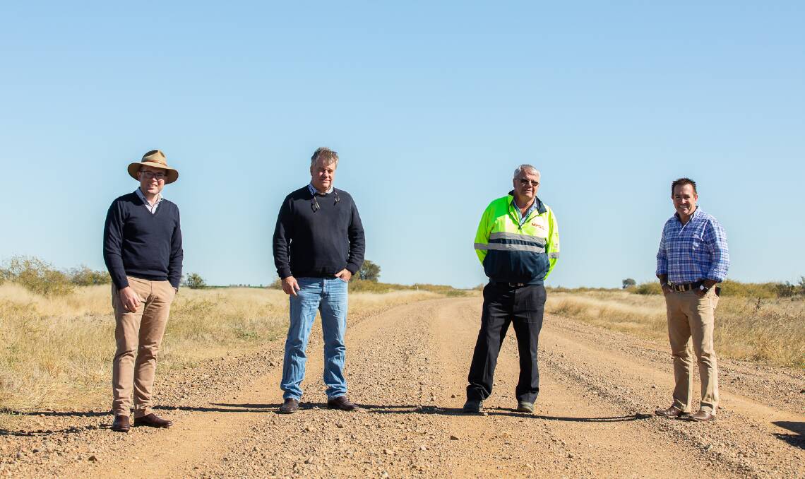 Northern Tablelands MP Adam Marshall, Moree Plains Shire deputy mayor Greg Smith, Sealed Roads Superintendent Dennis Purse and Minister for Regional Roads Paul Toole on the dangerous stretch of Burrington Road which will soon be upgraded.