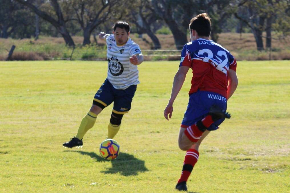 ON THE BOARD: Adam Ha and Moree Services FC claimed their first win of the season after taking down Narrabri Sporties FC Eleven 3-0 on Saturday. Photo: contributed.