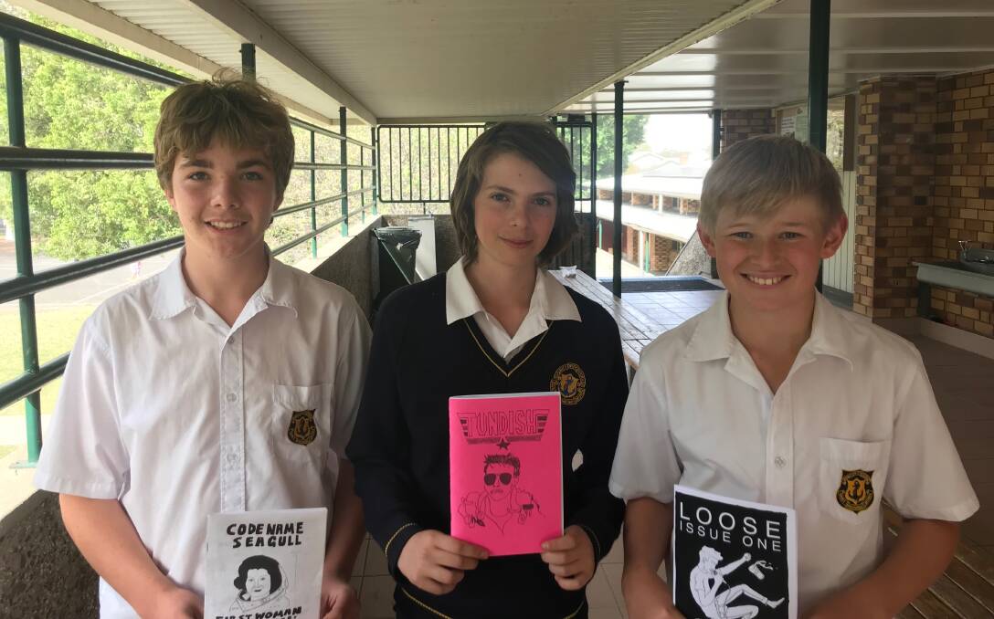 Year seven students Jared Hancock, Darcy Robinson and Logan Mihill are looking forward to presenting their poetry work at next week's zine fair. Photo: supplied.