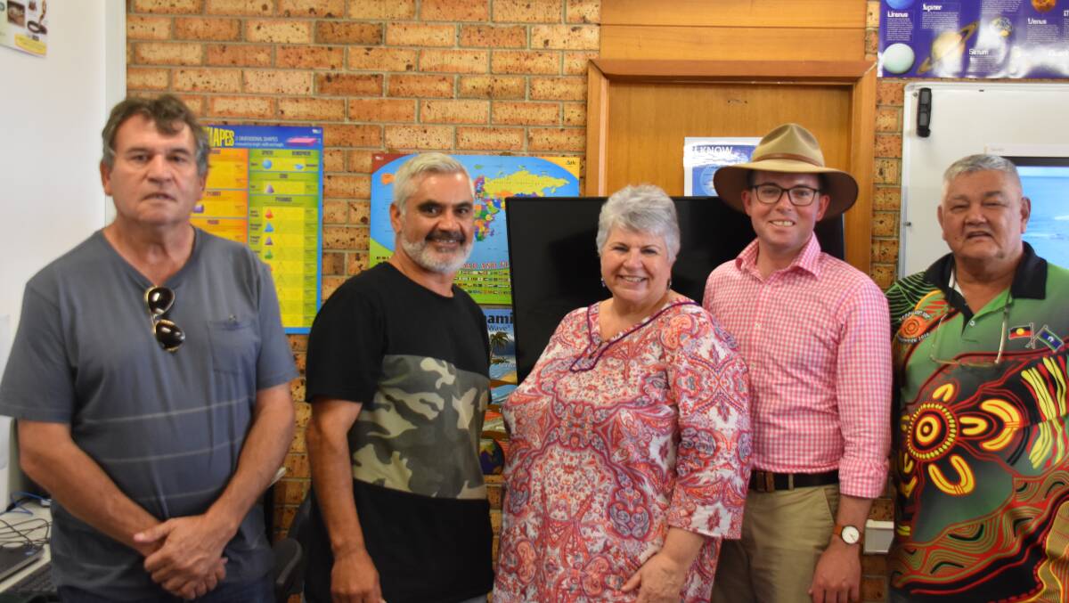 SHAE Academy Director Colin Wells, left, CEO Chris Binge, Moree Plains Shire Council Mayor Katrina Humphries, Northern Tablelands MP Adam Marshall and Board Member Godfrey Swan meet in one of the academy’s classrooms.