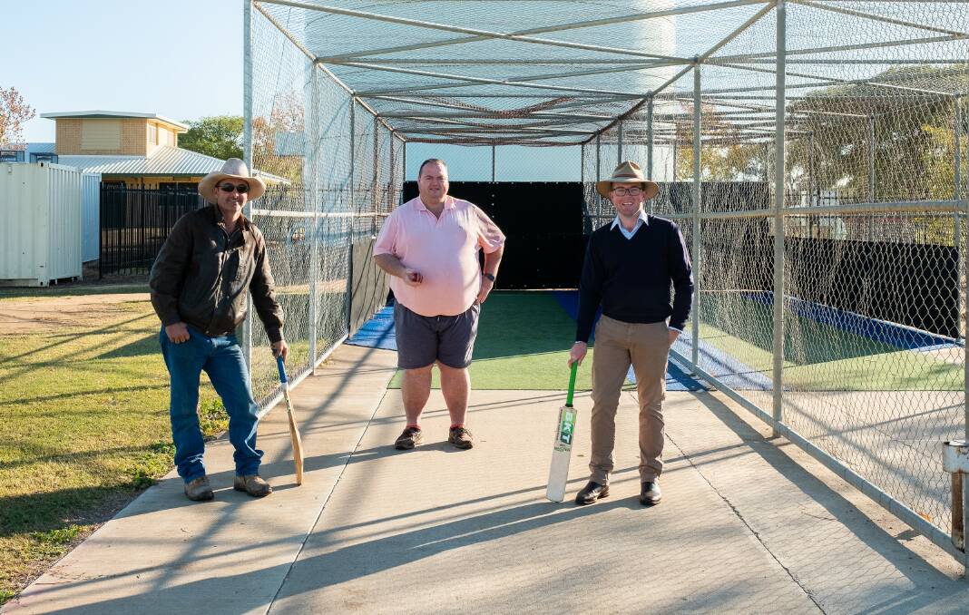 Moree Junior Cricket Association president Kris Grasnick, vice president David Watts and Northern Tablelands MP Adam Marshall inspect the site for two new practice nets at Ron Harborne Oval.
