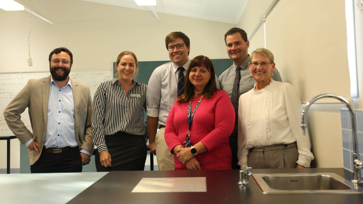 Moree Science Faculty teachers, Adrian Heard, Mia Williams, James Botfield, Peter Lyons, and at front, Yasmin Misic and MSC Principal, Paula Barton in the Albert Street Campus Science lab.