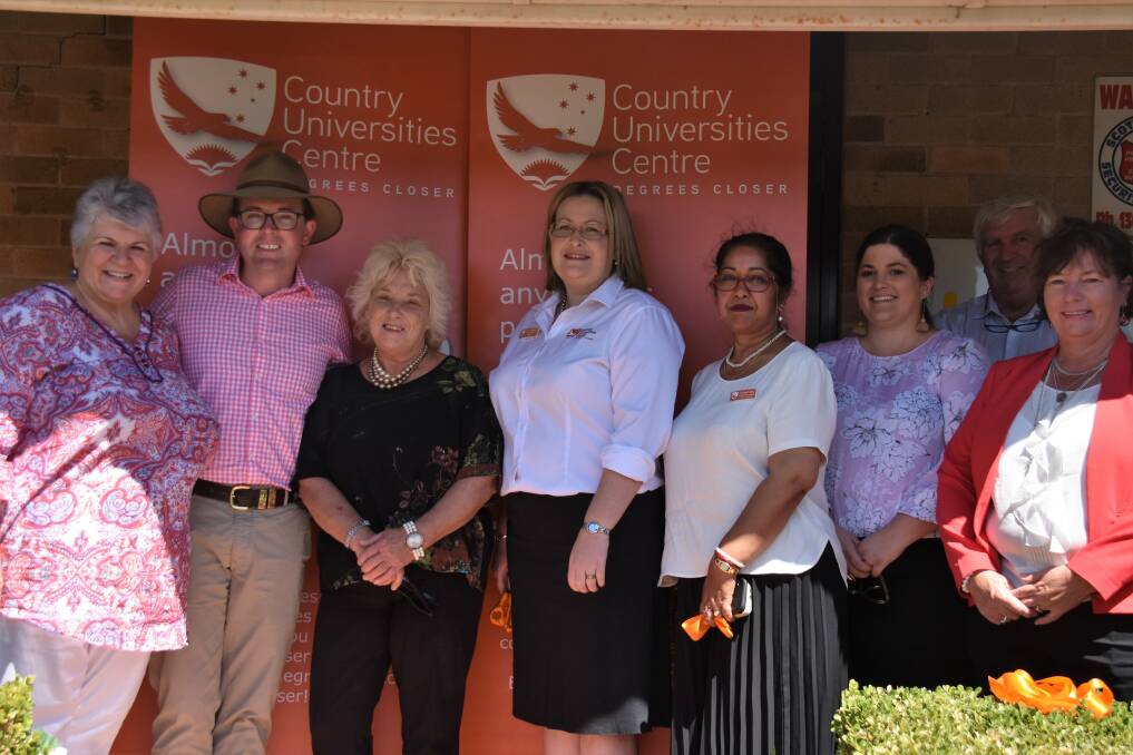 RURAL EDUCATION: Moree mayor Katrina Humphries, Northern Tablelands MP Adam Marshall, CUC North West chair and Narrabri mayor Cathy Redding, centre manager Cathy Walters, centre coordinator Sumati Chakravati-Cook, board member Alice Colbran, Cr Mike Montgomery and board member Trudy Staines