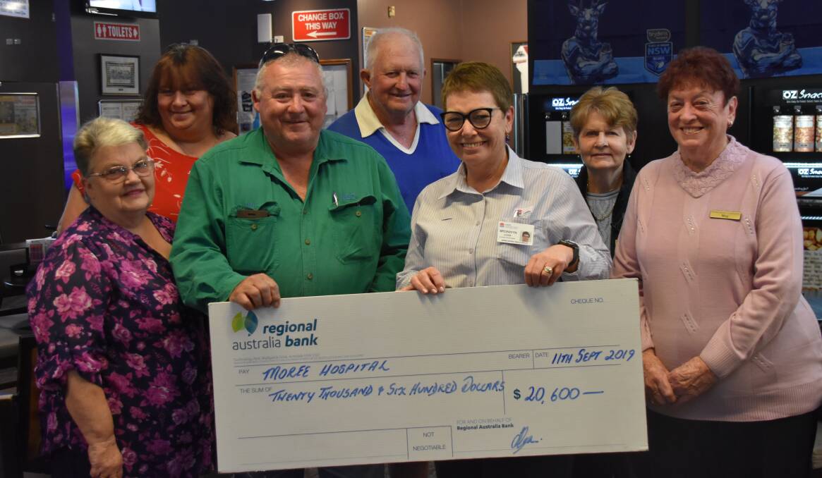 Moree Hospital health service manager Bronwyn Cosh (third from right) accepts the $20,600 donation from the Moree Renal Support committee - Madonna McInnes, Luanne Andrews, president Will Sabine, Alan Stevens, Barbara Stevens and Meg Young. Absent is Lola Shearer, Shirley Thompson, Sharon Broadie and Dell Jones.