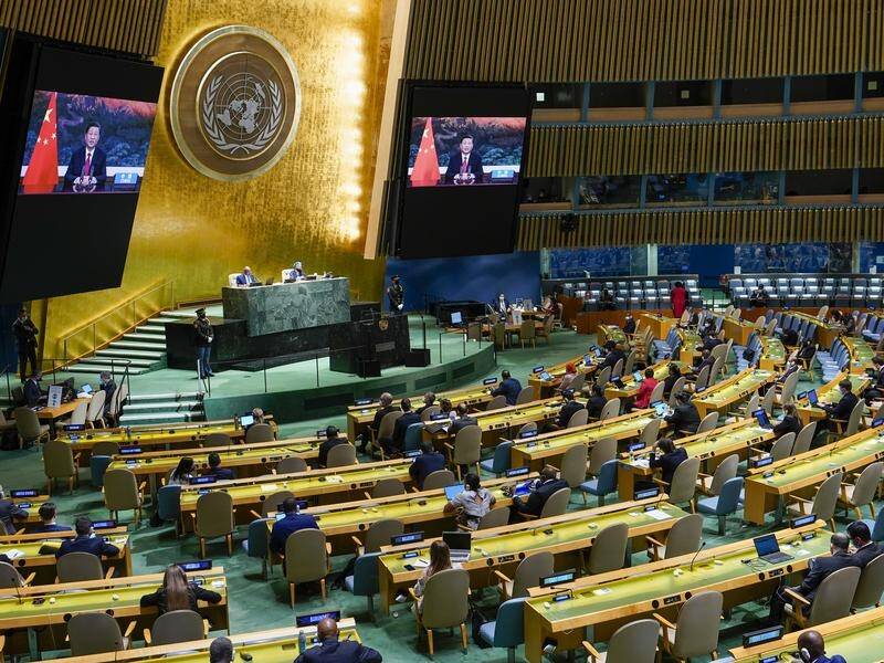 A UN video features a dinosaur speaking in the UN General Assembly hall to warn of global warming.