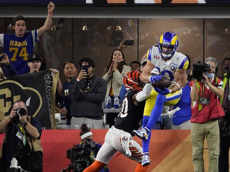 Los Angeles Rams wide receiver Cooper Kupp catches the match-winning toucdown in the Super Bowl.