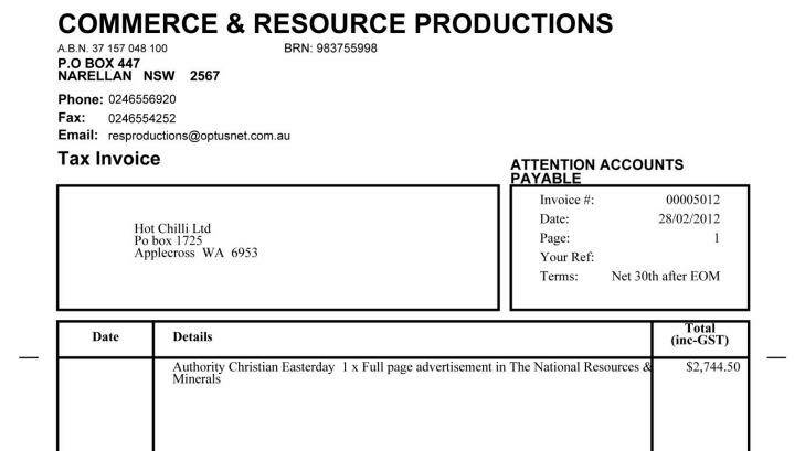 An invoice issued by one of Sorensen's many fake mining publications. 