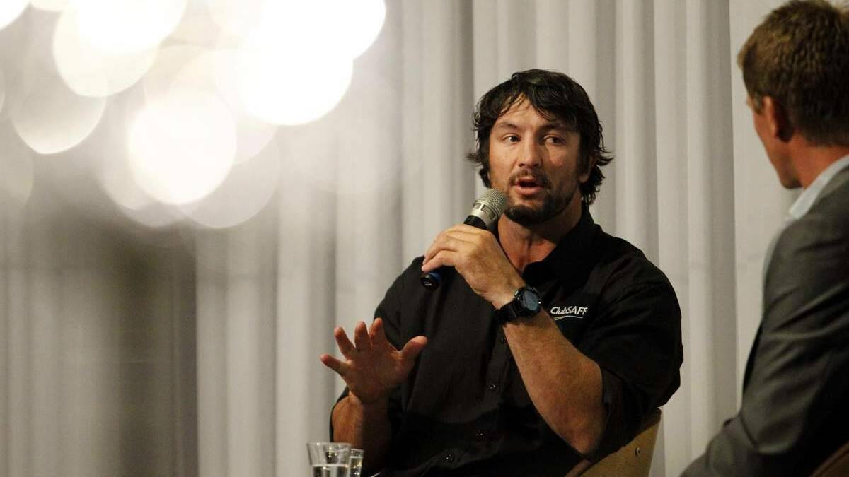 NRL legend Nathan Hindmarsh speaking at Souths Leagues Club about his gambling addiction yesterday. Photo: MAX MASON-HUBERS
