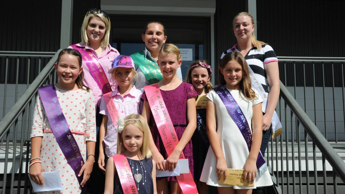 Miss Personality, Sarah-Jane Hobday, showgirl runner-up Jess Duncan and entrant Telisha Lysaught with the junior showgirl winners; Brooke Muller, Bella Johnson, Dusty Smith, Shari Eggins, Isabella Donaldson and Rachael Jennings.