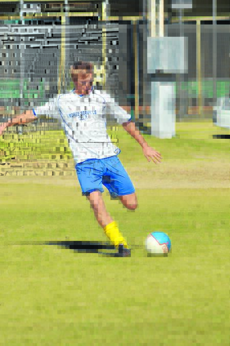 Sam Lockrey in action for Moree FC’s reserves at home on Saturday.