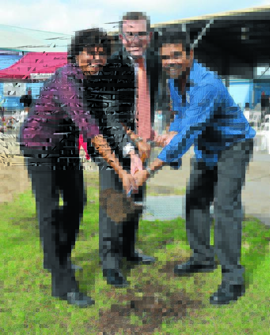 Muriel Kelly, Adam Marshall and Lloyd Munro turn the first sod of the Moree East Public School redevelopment.