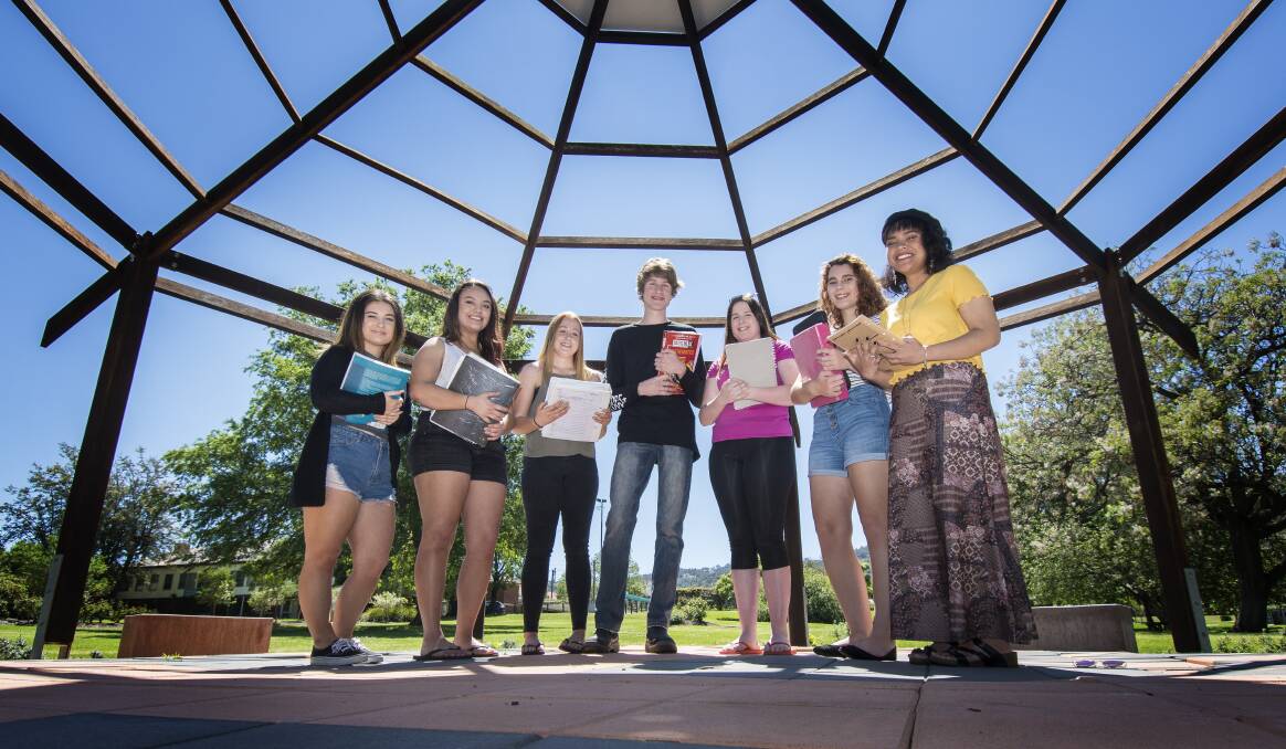 TEST TIME:  Renee Snelling, Faith Melvey, Taylah Roach, Liam Crowell, Maddie Michie, Anne Coates and Jasmine Tan are gearing up for the start of HSC exams. Photo: Peter Hardin. 
