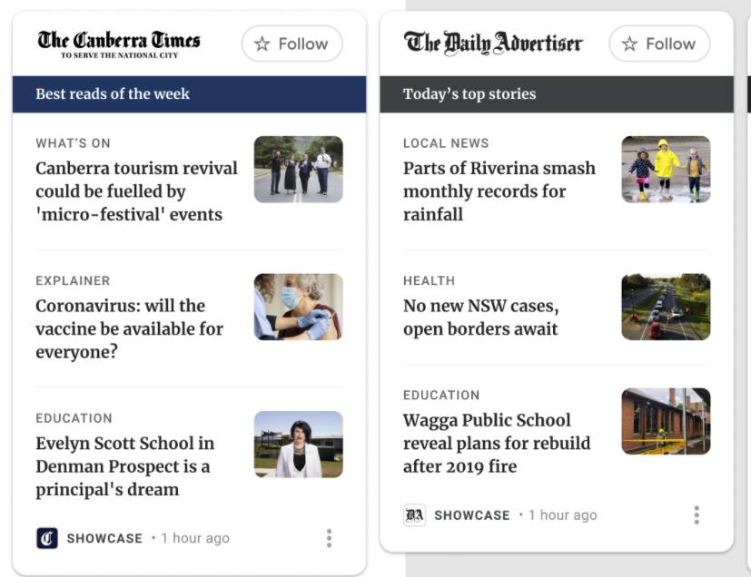 ACM mastheads such as The Canberra Times and Wagga Wagga's The Daily Advertiser are using Google News Showcase to reach new audiences.